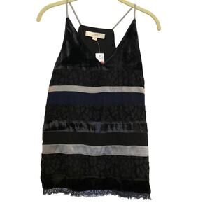 Loft Womens Top XS Sleeveless Blue Black Mixed Textures Velvet Lace Whimsigoth